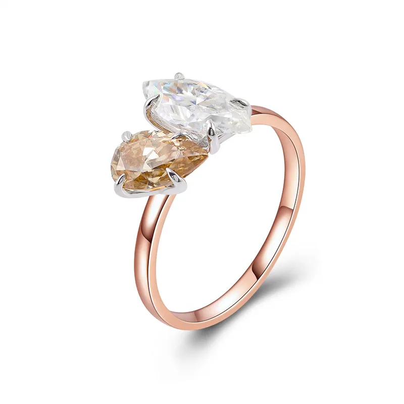 Toi et moi ring claw prong setting white and champagne loose moissanite diamonds ring in 14k 18k