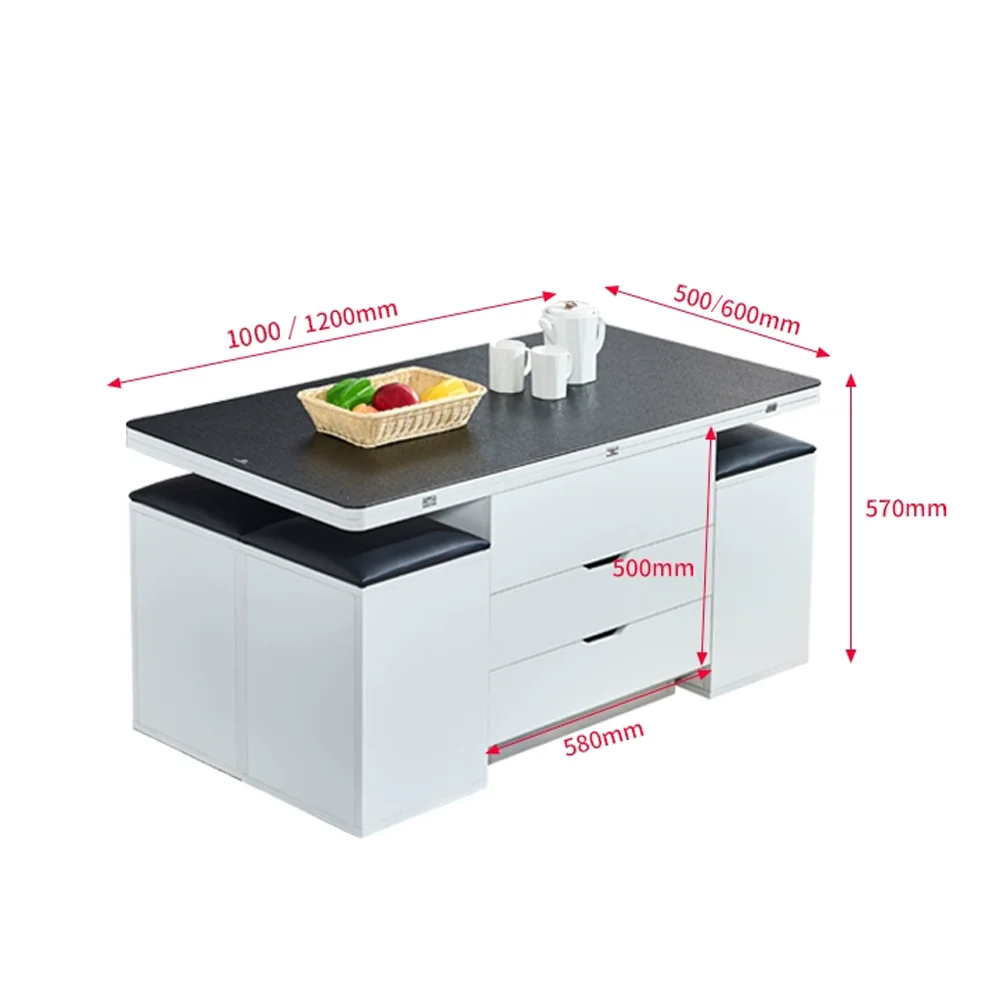 Custom Modern Multifunction Furniture Folding Expanding Coffee Table Dining Table Tempered Glass with 4 Stools Dining Room Sets