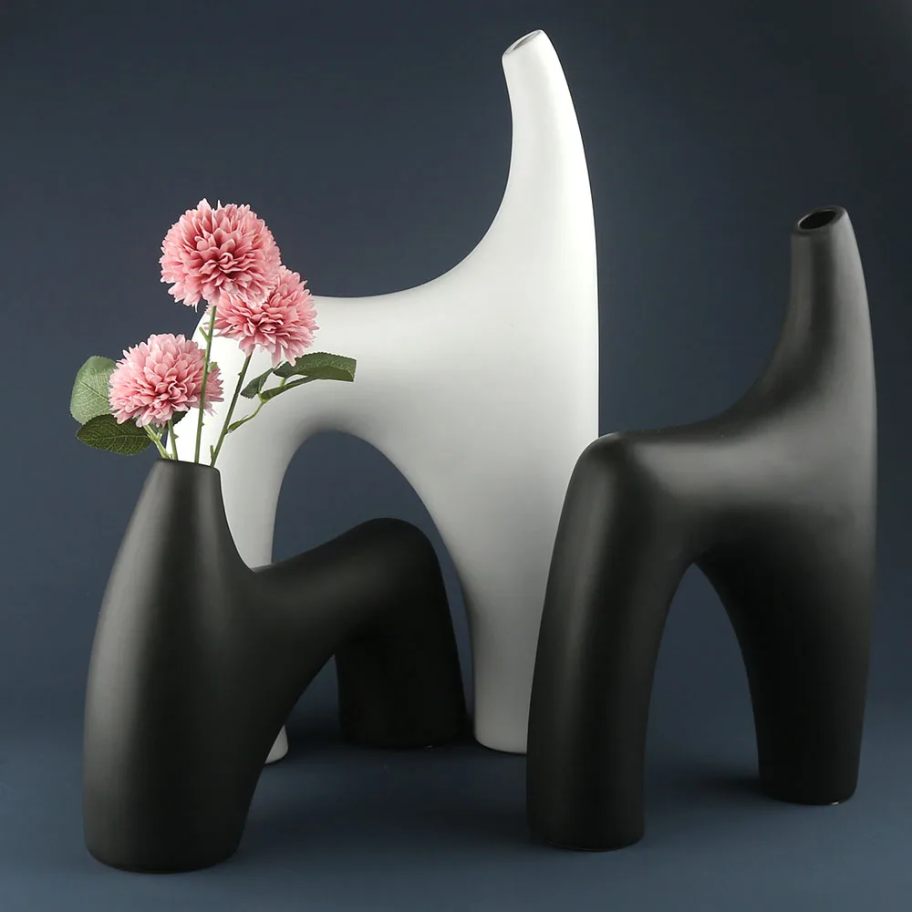 21 inch Matt White and Black Abstract Camel Shape Custom Design Made Ceramic Flower Vase