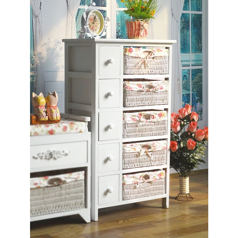 Мебель из массива дерева в фермерском стиле, боковой угловой шкаф для хранения, деревянный шкаф с ротанговыми корзинами и ящиками