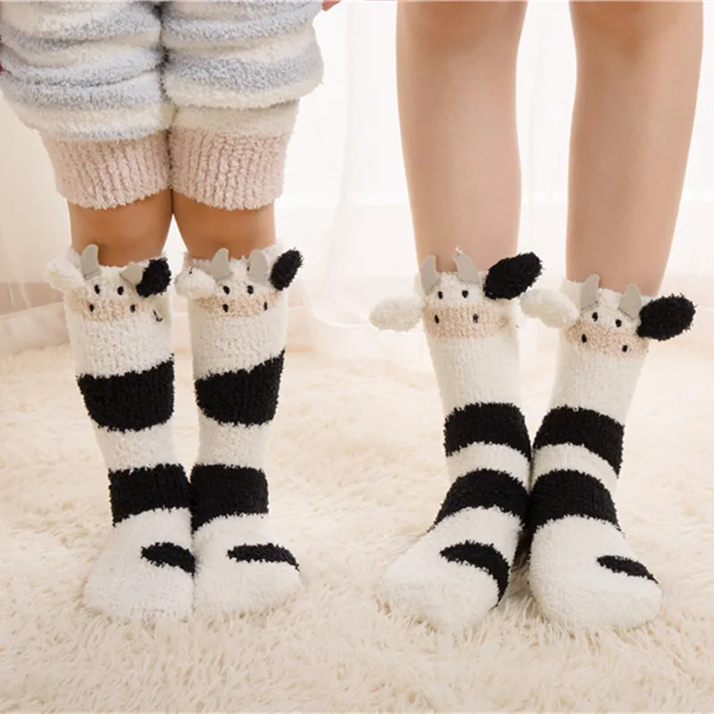 Socksmate wholesale Parent-child fuzzy socks kids winter home 3D cartoon ear non slip indoor warm slipper cute women sleep socks