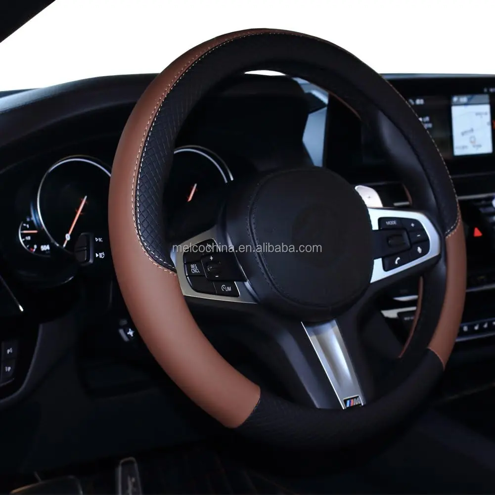 MELCO Amazon Hot Seller Black Brown Leather Universal 15 Inch Fit Anti-Slip Odor-Free Car Steering Wheel Glove Cover