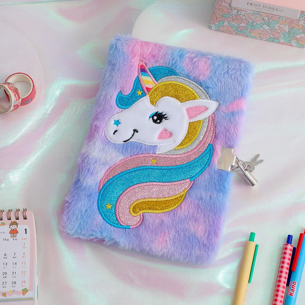 Eco Friendly Children Office Stationery Cute Stuffed Animal Unicorn Notebook With A Lock For School Student