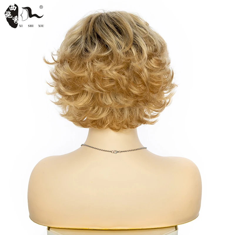 XISHIXIUHAIR Fluffy Short Wig for white women Blonde Synthetic Curly Short Hair Wig Ombre color