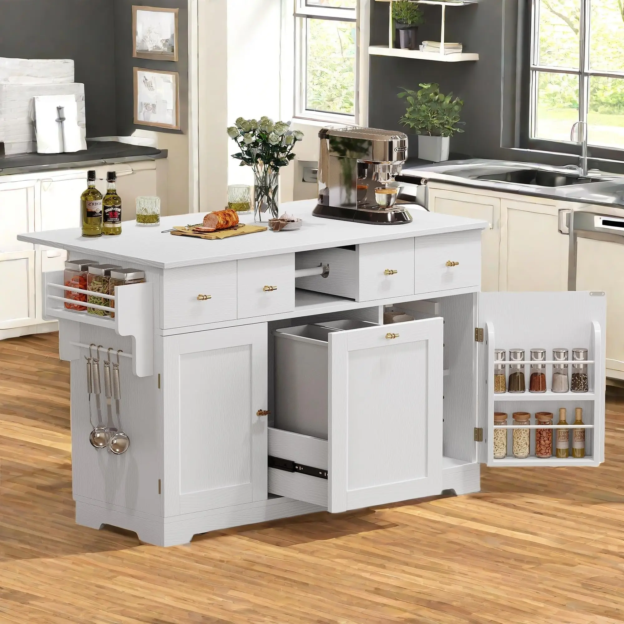 Sunrise Kitchen Island with Drop Leaf, Double Tilt Out Trash Can Kitchen Storage Islands, 59 Inch Large Rolling Portable Islands