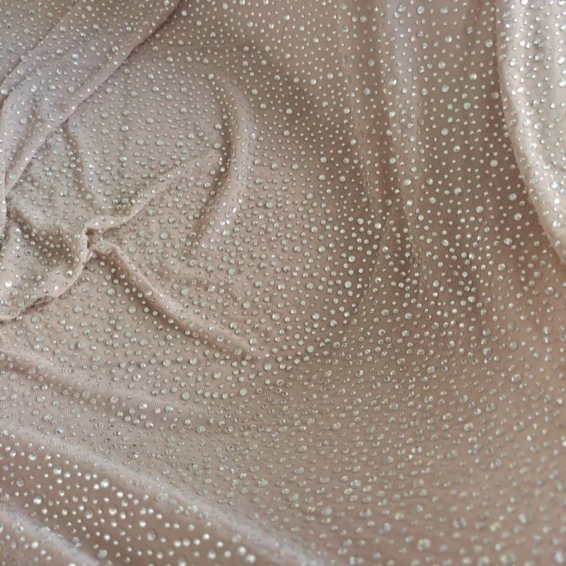 Popular Basic Style White Crystal Nude Elastic Mesh Fabric with Different Sizes of Rhinestones
