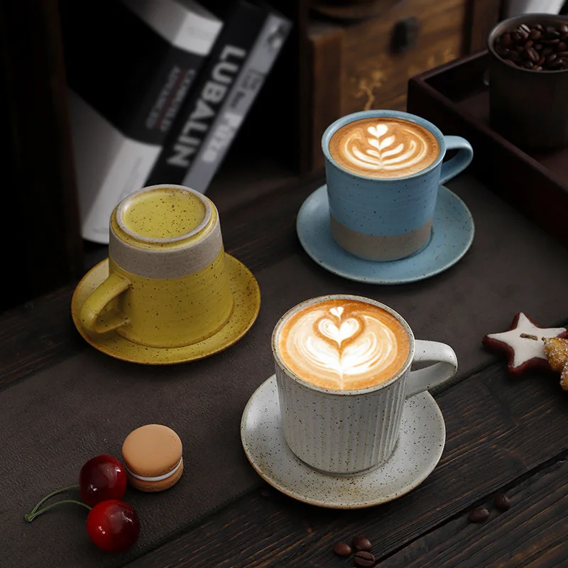Multiple Colors Ceramic Coffee Mug with Saucer Set 200ml Stoneware Tea Cup With/Without Handle For Beverage
