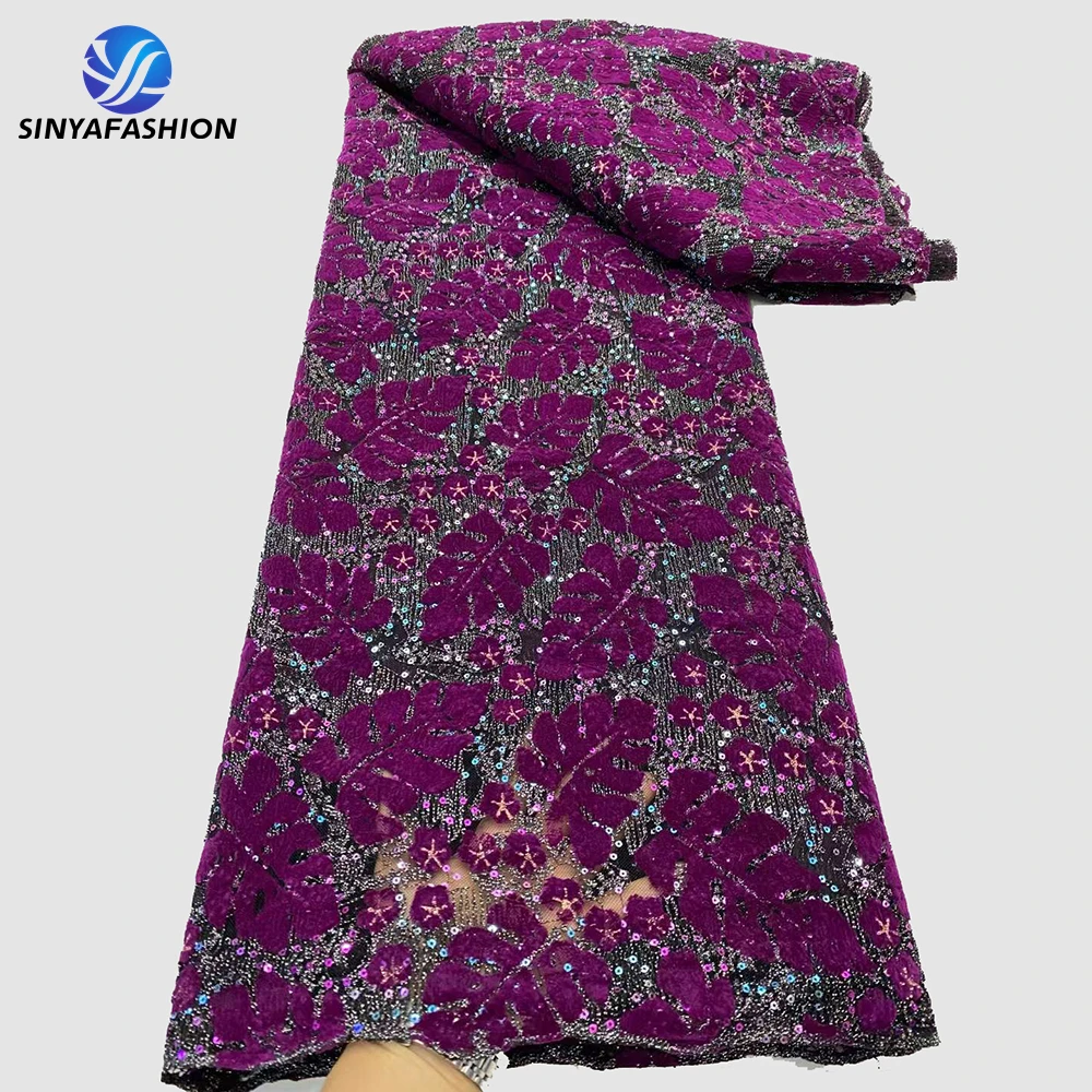 Beautiful Sinya New Style Leaf Design Velvet Sequins Lace Fabric Ladies Parry Velvet Embroidered Lace Fabric Sewing Dress