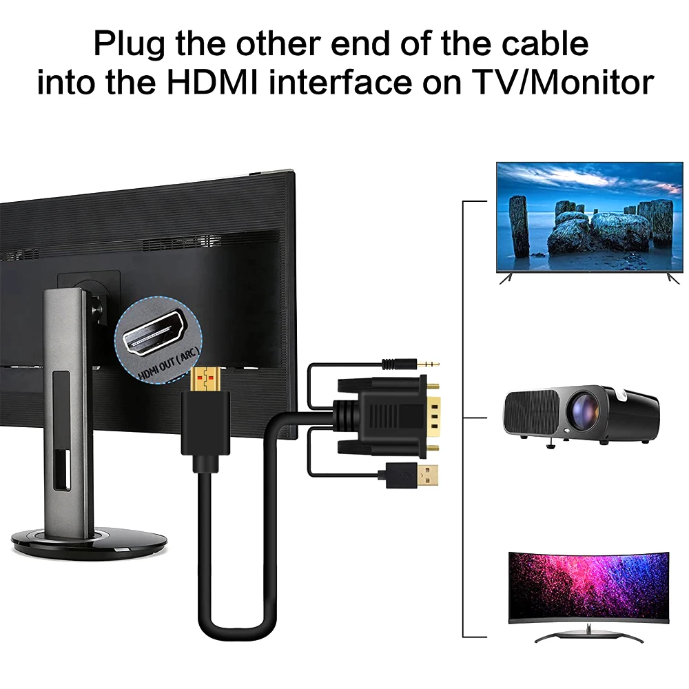 Multifunctional HDMI to VGA Cable with 3.5mm audio black HD video converter male to male 1 in 1 1m 2m 3m 5m