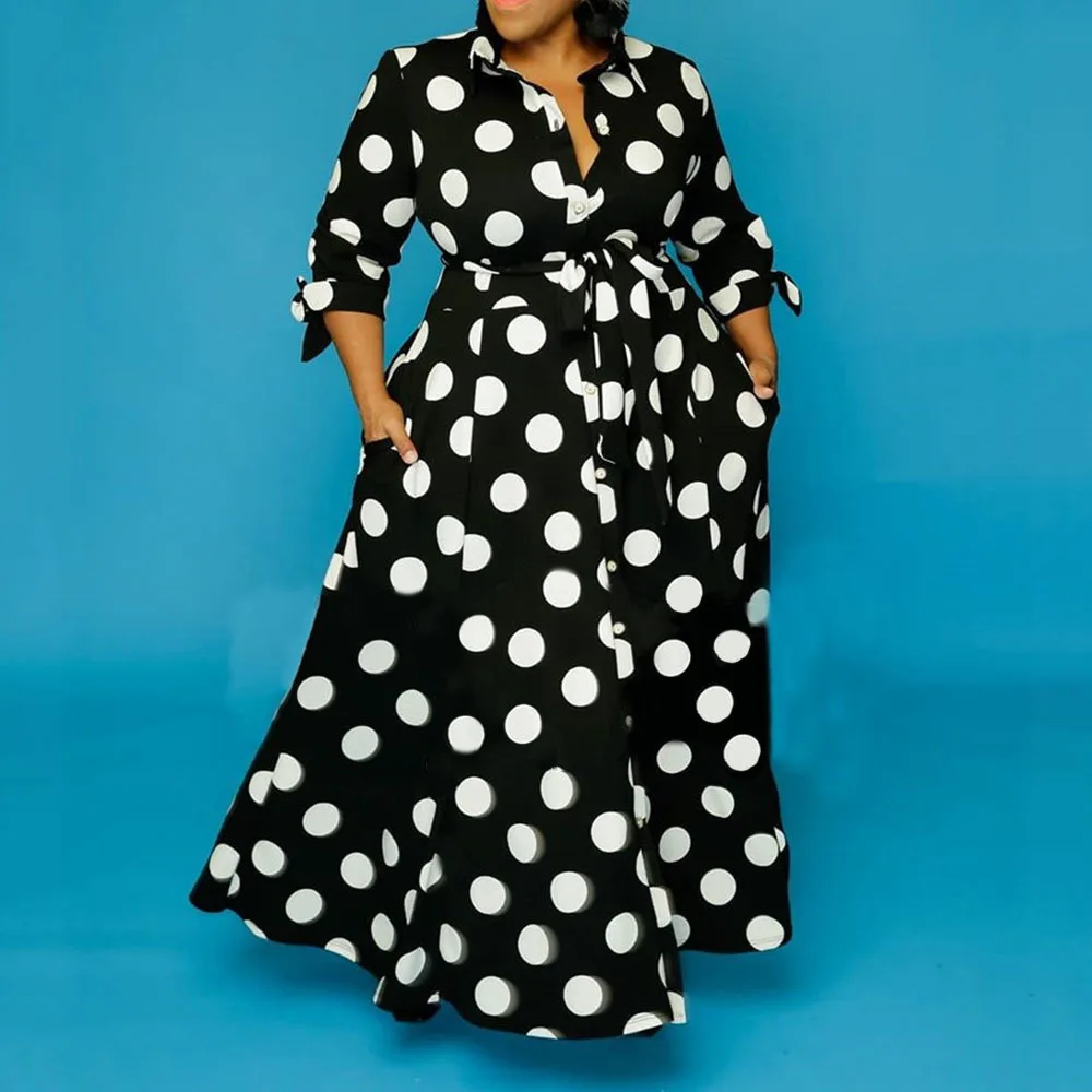 Summer Polka Dot Printed Vintage Sashes African Women Office Career Dress