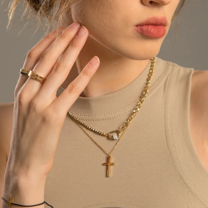 2023 hot selling personalised cross multi-layer gold climbing buckle stainless steel necklace bulk for female