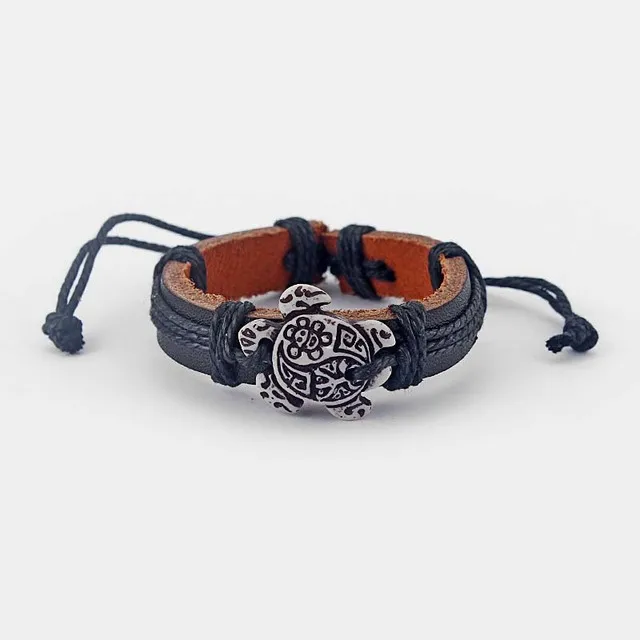 Tortoise White/Brown/Rasta Tribal Sea Surfer Charm Turtle Leather Bracelet Surf Bangle