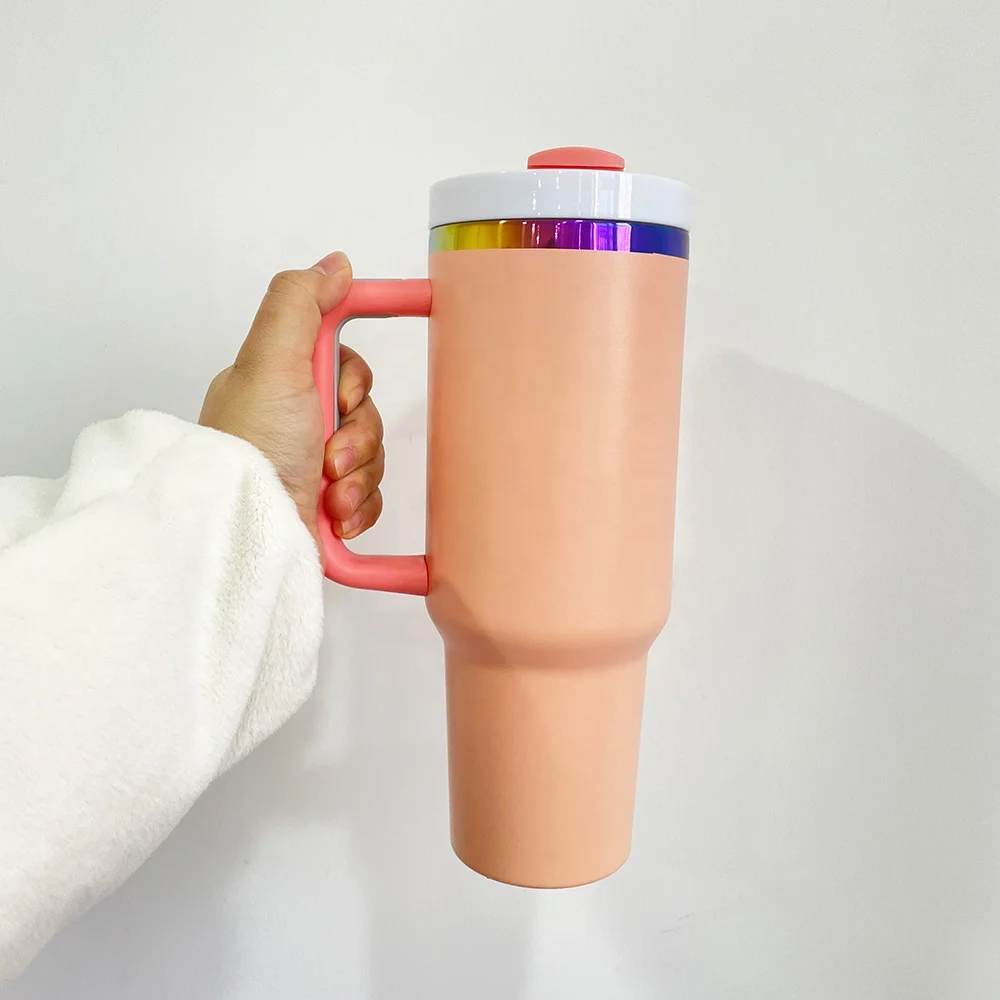 40Oz Tumbler With Handle Custom Stainless Steel Tea Mug Rainbow Underlay Tumblers Powder Coated Tumblers For Laser Engraved