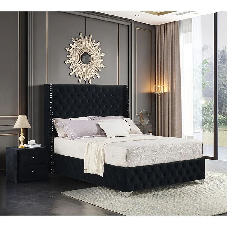 King queen size velvet fabric soft bed luxury bedroom furniture wooden frame modern style