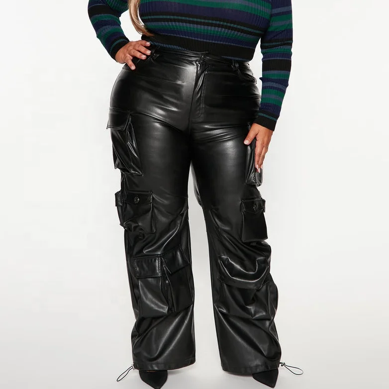 Manufacturer Oem Custom Girls Streetwear Style Leather Trousers Black Sexy Wide Leg Leather Cargo Pants For Women
