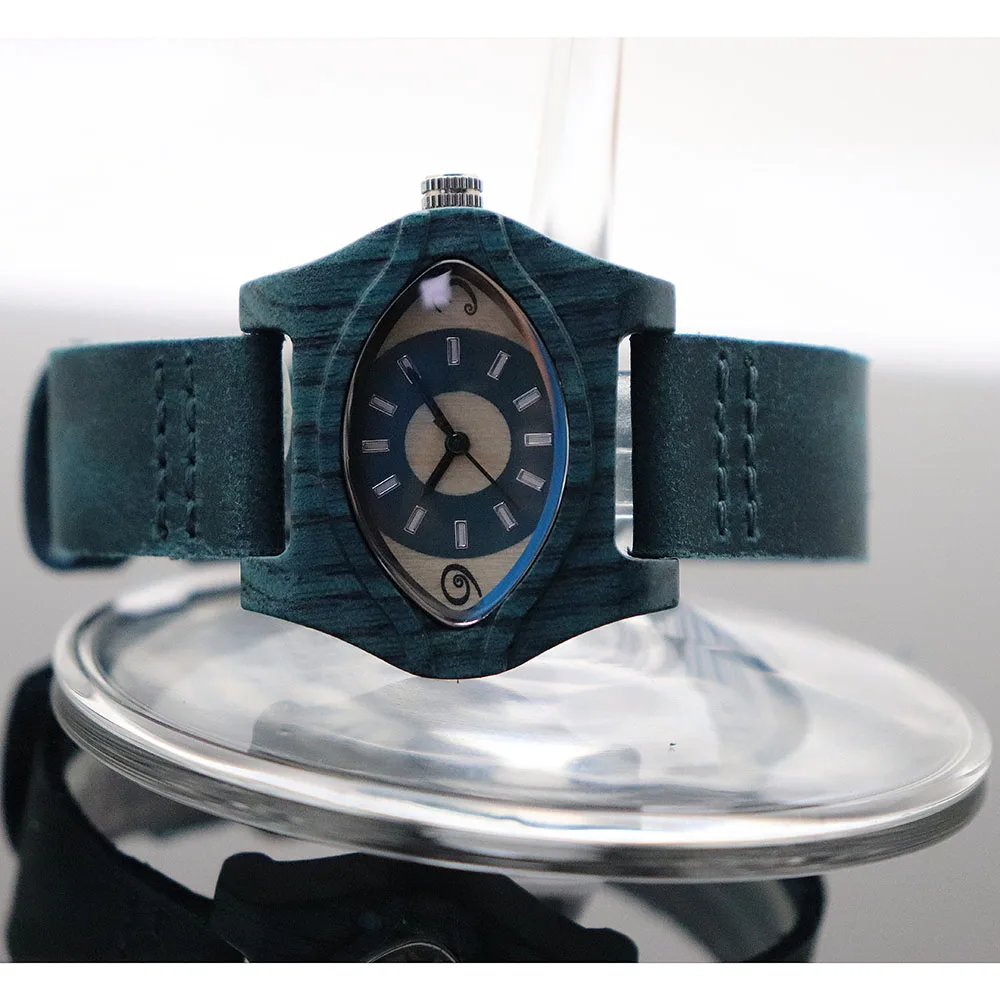 Cowboy design flower denim watch dial bamboo and walnut wood quartz genuine leather wrist watches