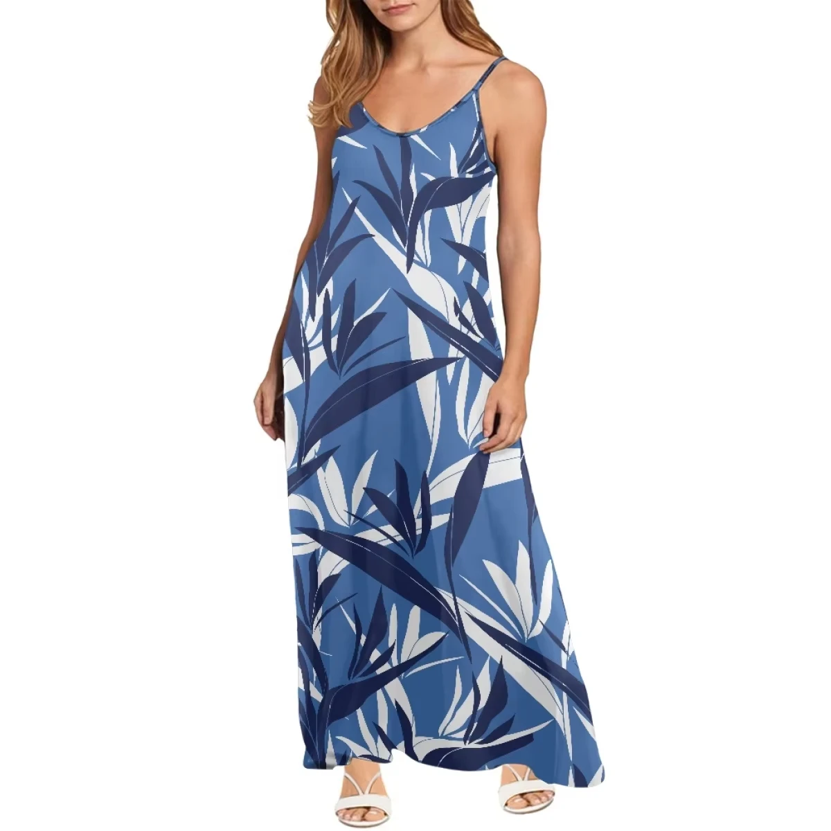 Sublimation Custom Hawaii Bird of Paradise Flower Beach Maxi Ladies Dresses Chiffon Long Women Maxi Casual spaghetti strap Dress