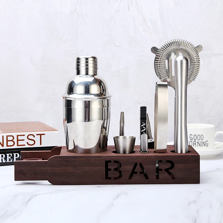 High Quality Custom Logo Stainless Steel Shaker Bar Tools Set with Bamboo Wood Stand