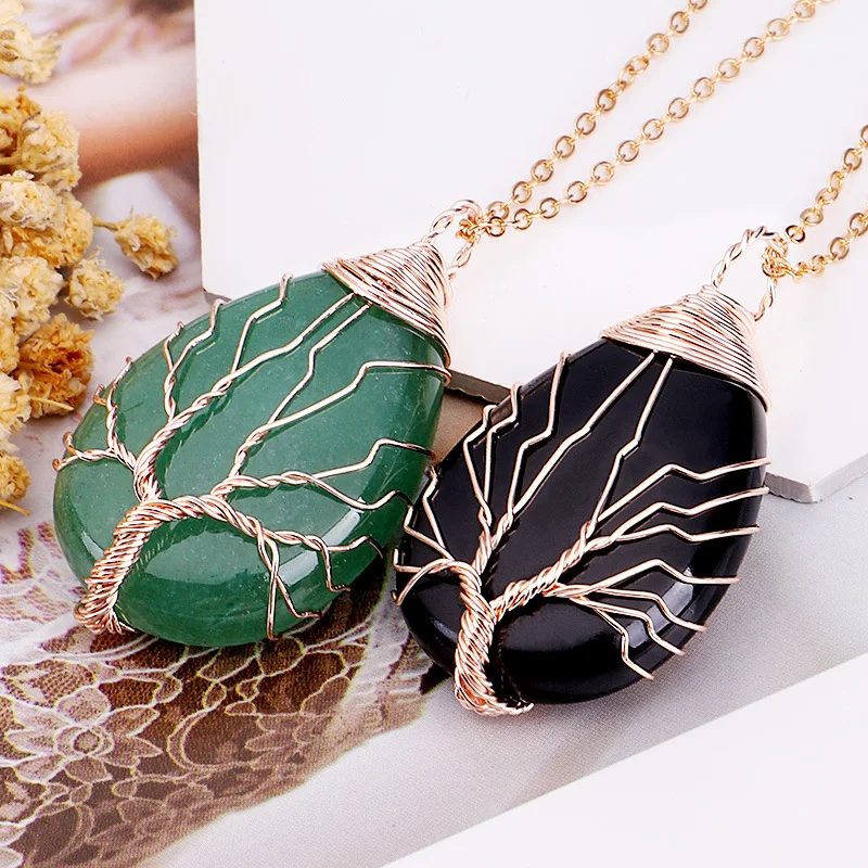 Trendy Luxury Handmade Braided Copper Wire Tree Of Life Woman Waterdrop Shape Gem Natural Stone Pendant Necklace Jewelry