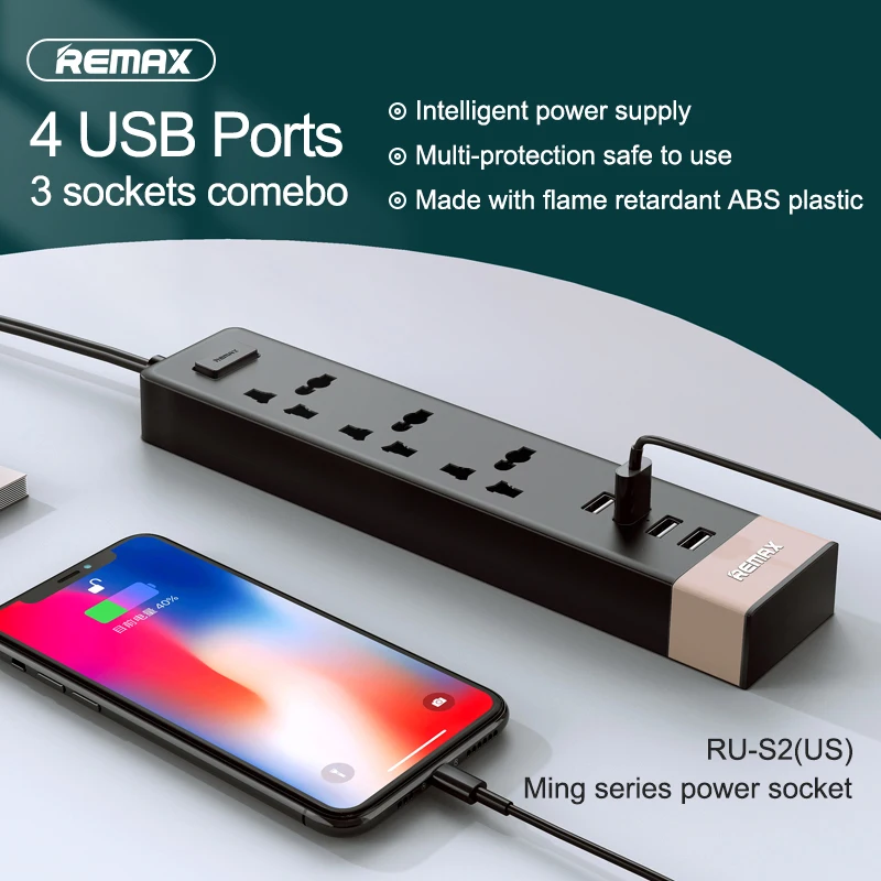 REMAX Join Us серия Ming черно-белая электрическая розетка на 4 USB + 3