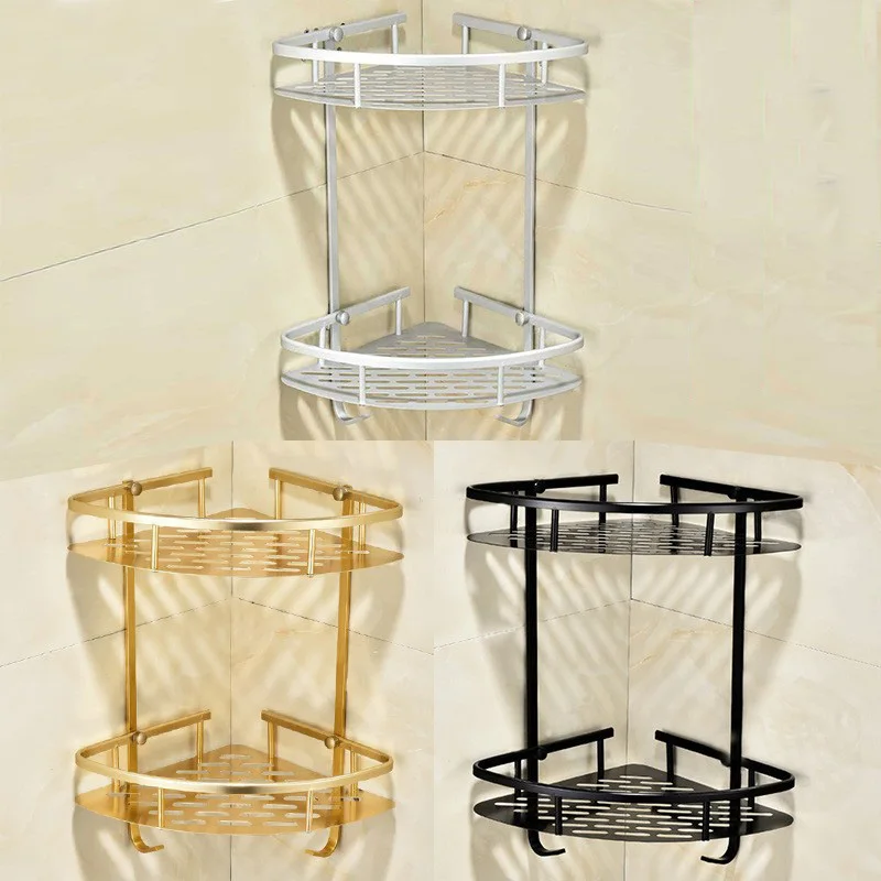 2 Tier Aluminum Bathroom Corner Shelf Shampoo Cosmetic Storage Rack Wall Mounted Kitchen Bathroom Corner Shelf