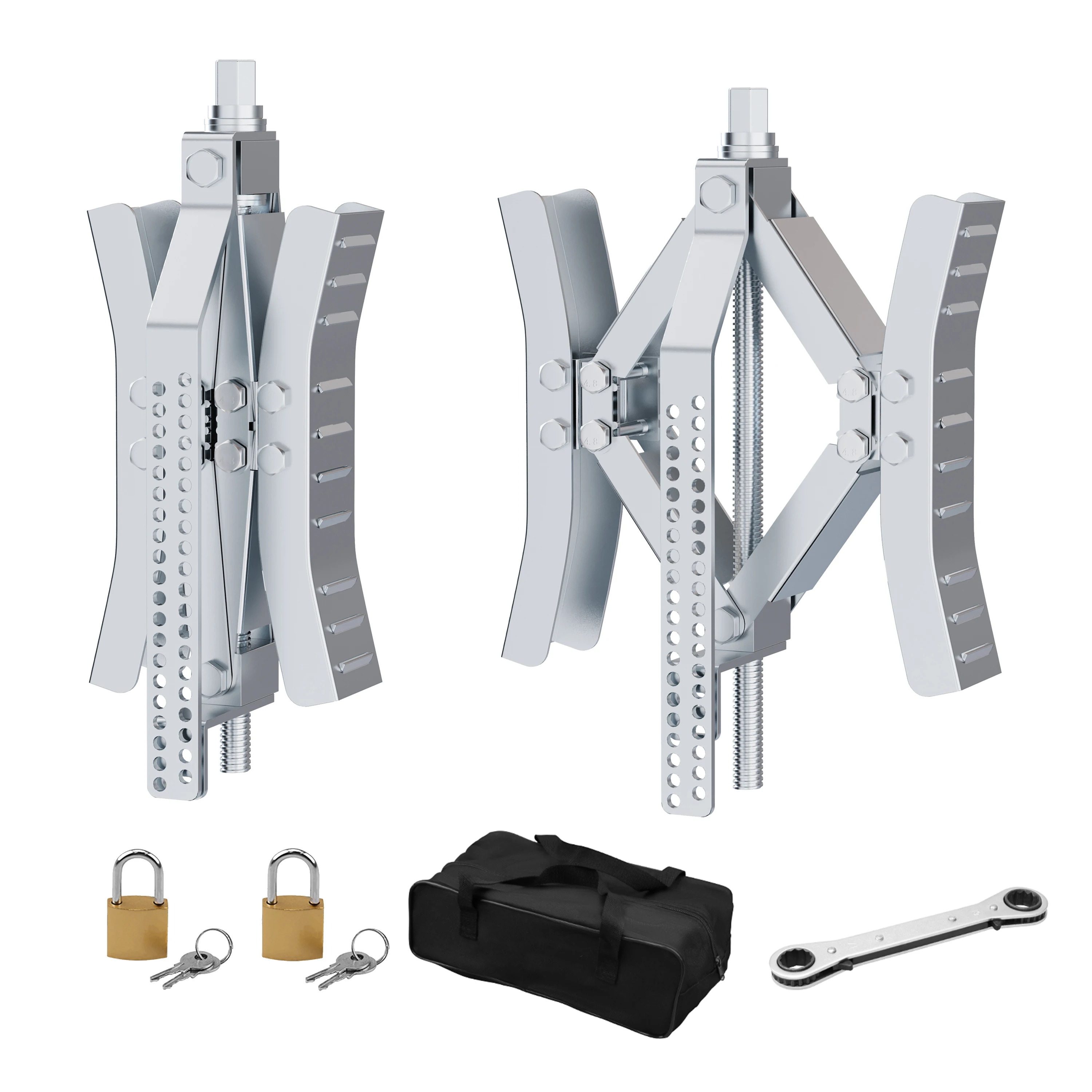 2 Pack Metal RV Wheel Chock Stabilizer with Rotatable Sides Black Silver, RV Rotatable Heavy Duty Tire Chocks Stabilizer