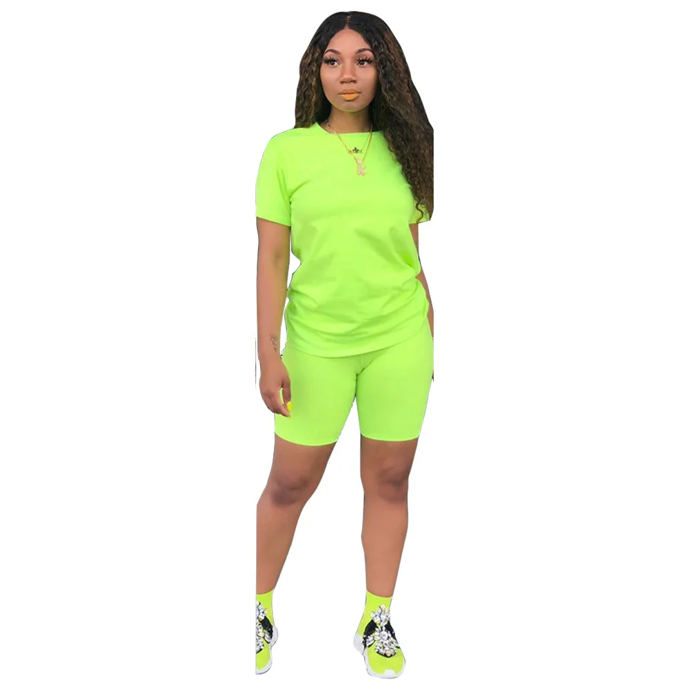 Hot Women Clothing Sets 2 Piece Cotton Short Sleeves ladies Casual Neon two Piece Shorts Set