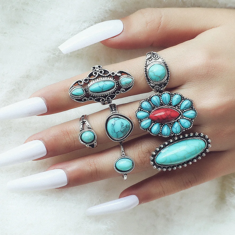 7/8/9Psc/Set Personalized Emerald Natural Stone Fashion Ethnic Vintage Style With Turquoise Carved Feather Ring Jewelry Ring Set