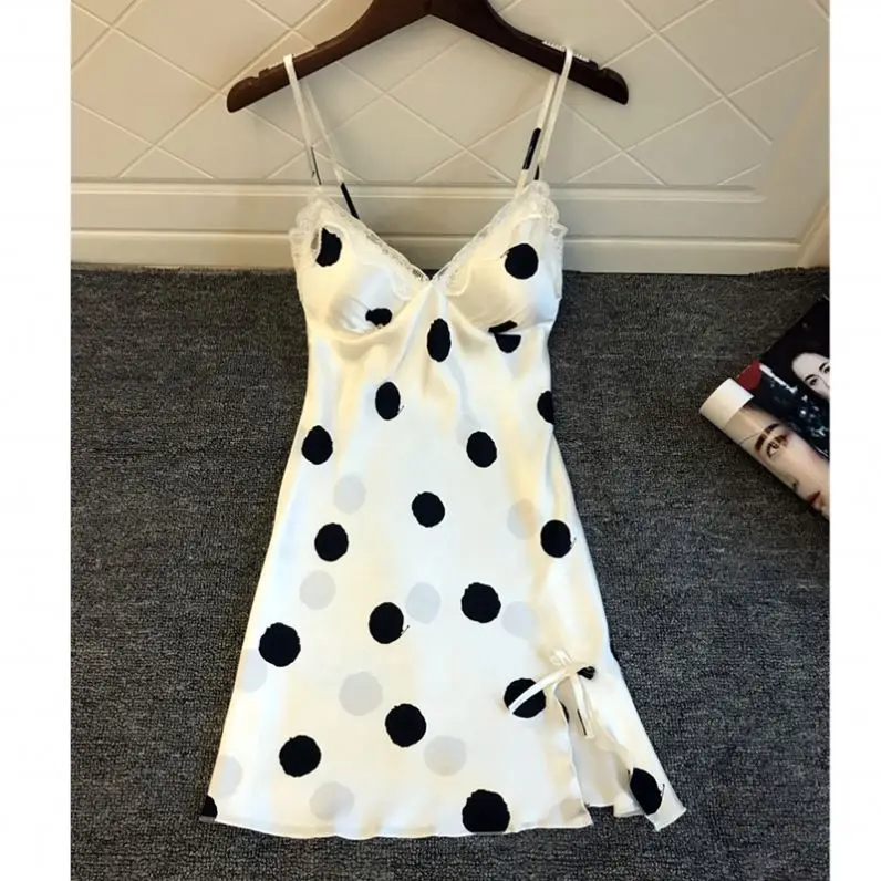 X1003 Bulk Dot Print Satin Transparent Lace nightdress for honeymoon Mature Silk Sleepwear for woman Sexy Slit Lingerie pajamas