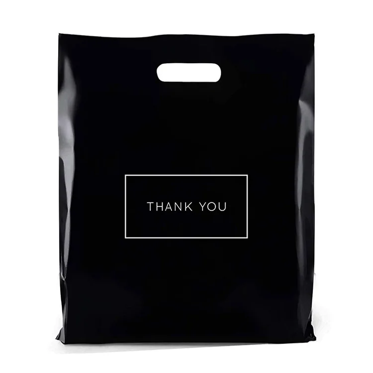 Индивидуальная печать, многоразовый тяжелый розничный бутик, высечка, большой матовый черный, спасибо, черный пластиковый пакет для покупок с ручкой
