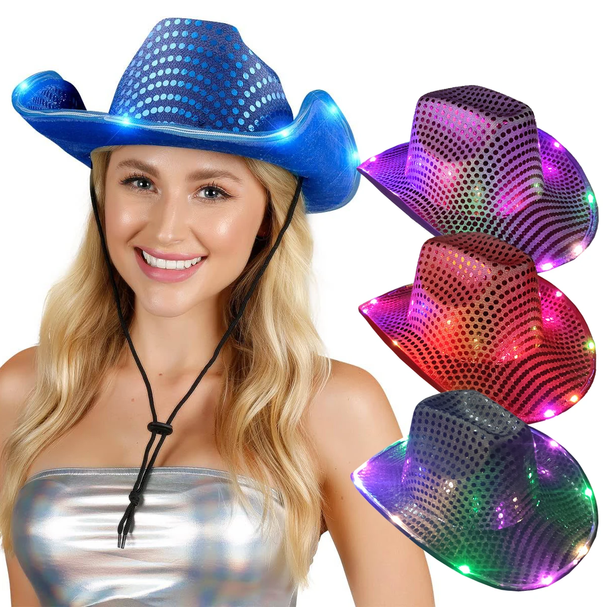 Stock Halloween Christmas Festival Sequin Party Hats Cosplay Costume Hats Western Cowboy Style Colorful LED Light Up Hat