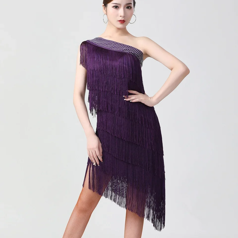 One Shoulder Tiered Fringe Dress Women 1920s Flapper Dress Charleston Party Costumes Sexy Latin Salsa Rumba Dance Dress