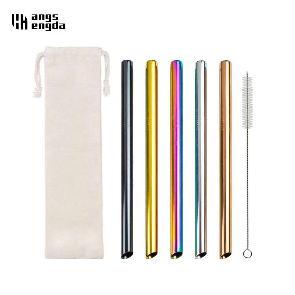 Boba Tea Metal Straw Extra Wide 12MM Stainless Steel Jumbo Drinking Straws Straight Reusable Pointed Straw Set Brush Pouches