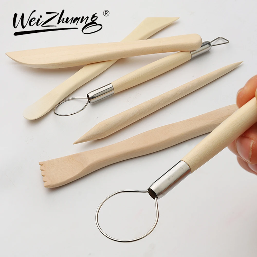 A Set Of 5pcs Wooden Pottery Tool Kit Ceramic Pottery & Clay Wood Modeling Tools Kit Polymer Clay Carving Tools Accessories