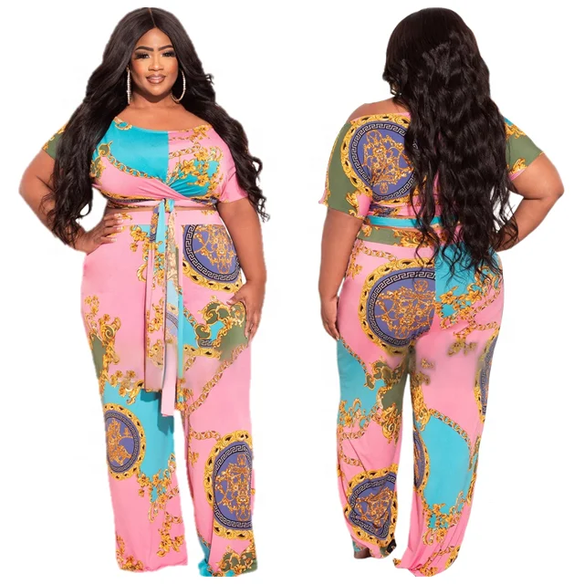 2022 New Trendy Casual Lace-Up T-Shirt Wide Leg Pants 5Xl Two Piece Set Summer Tie-Dye Bandage Print 2 Piece Plus Size Pants Set