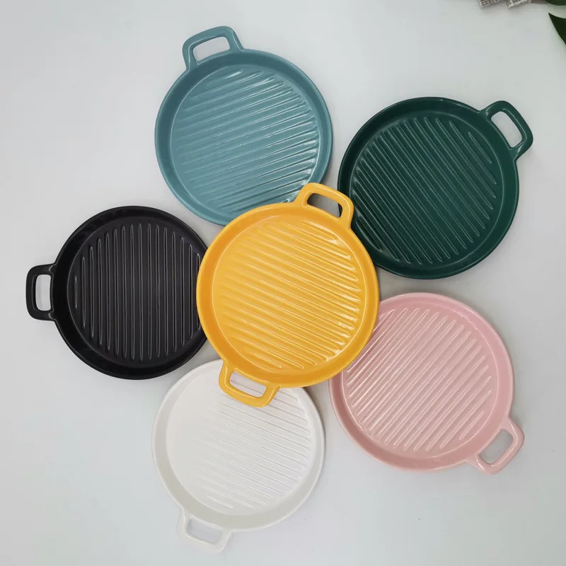 ZC Nordic style Ceramic round Plate with two ears baking tray pan microwave oven baking  dishes