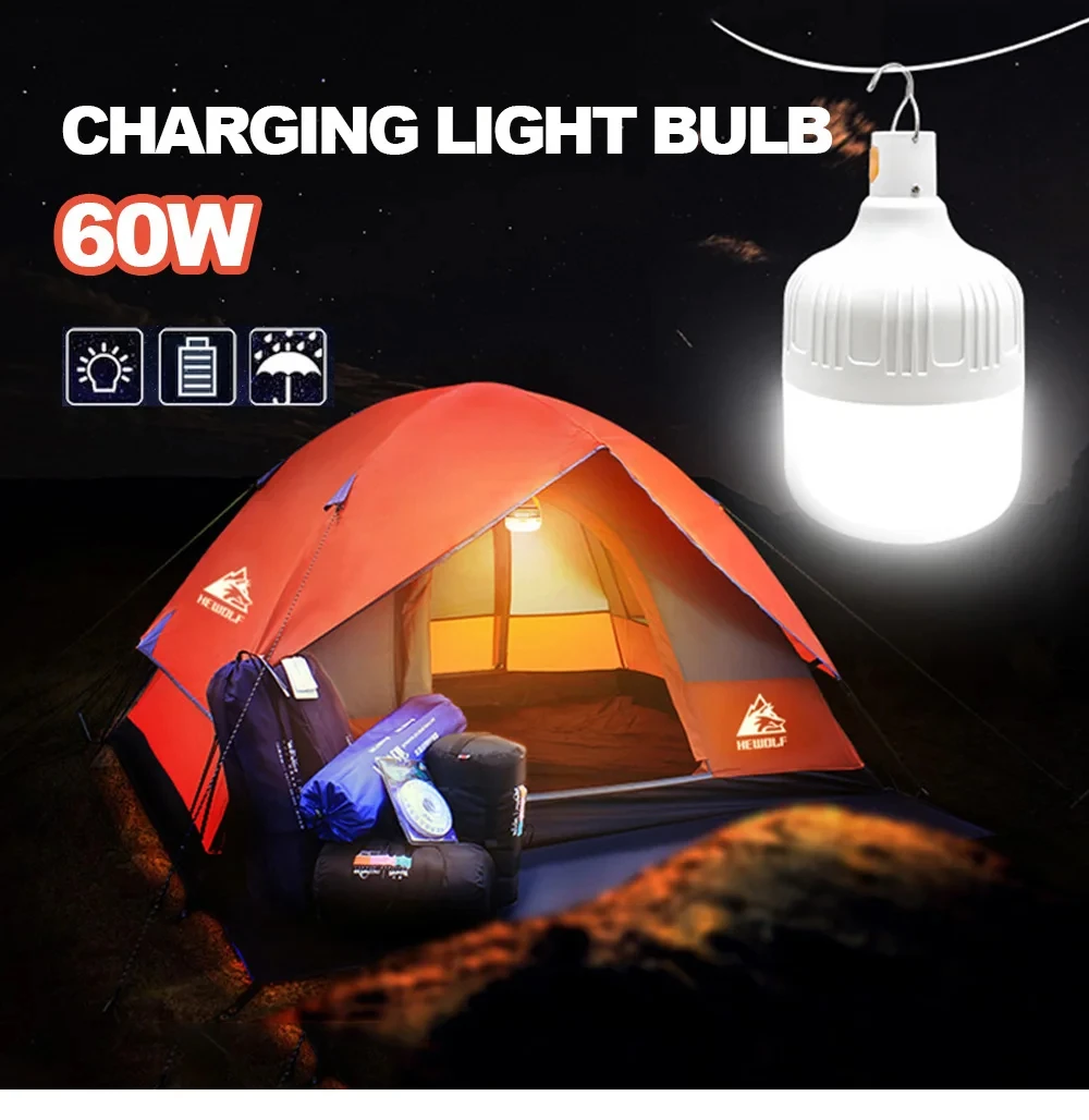 60W Rechargeable Led lamp Portable Camping Lights Bulb Emergency  Lights Outdoor Fishing Picnics Hanging Tent Light