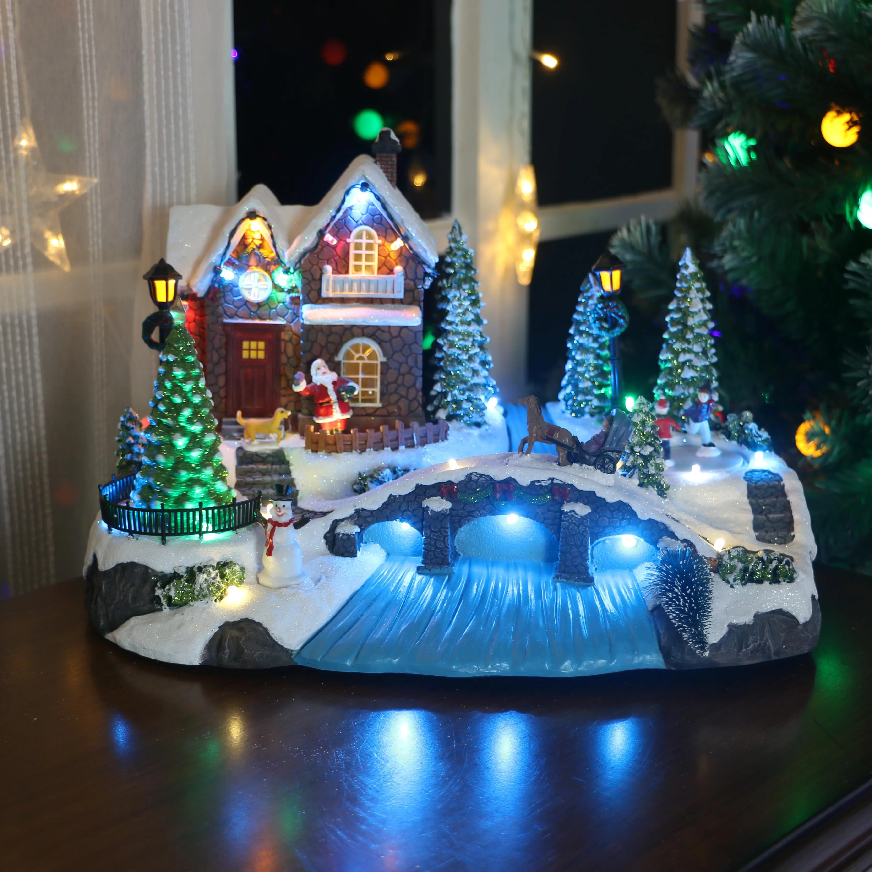 Christmas LED Village w turning tree & turning man and music, DC 4.5V for indoor decoration