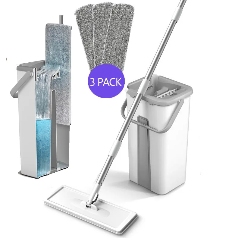 Hands Free Wet Dry Use Flat Floor Mop and Bucket with Wringer Set Reusable Microfiber Mop Pads
