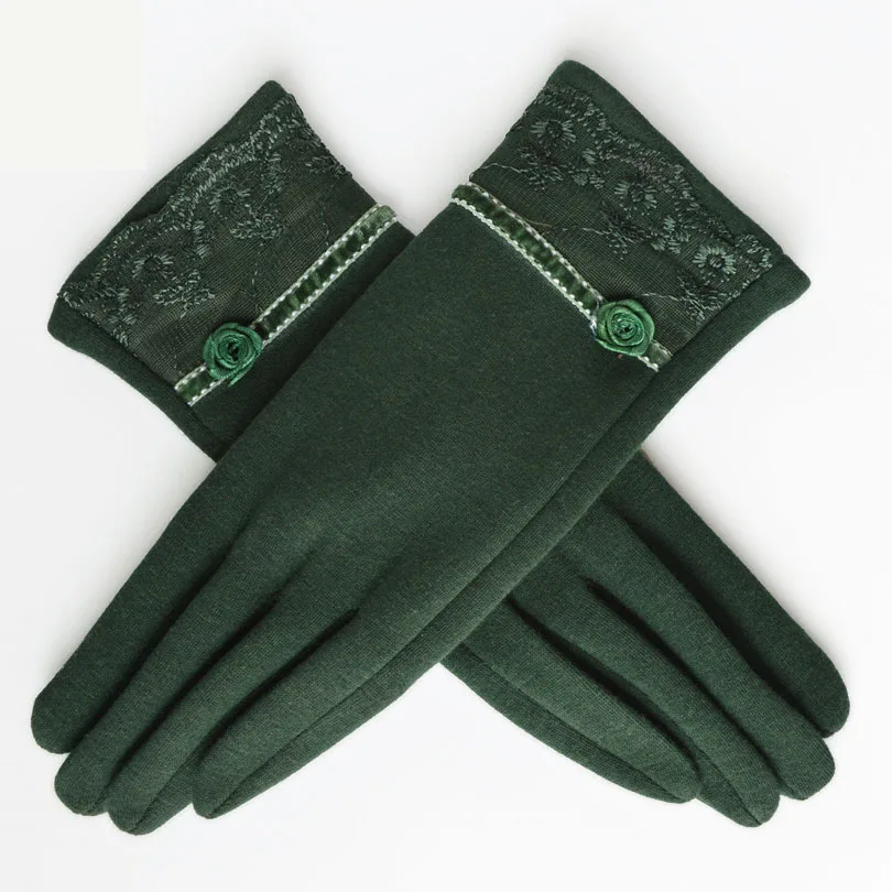 
CLIMATE Cashmere Wool Women Gloves Winter Thick Ladies Lace Embroidered Wool Gloves Grey And Green Elegant Soft Mittens Gloves 