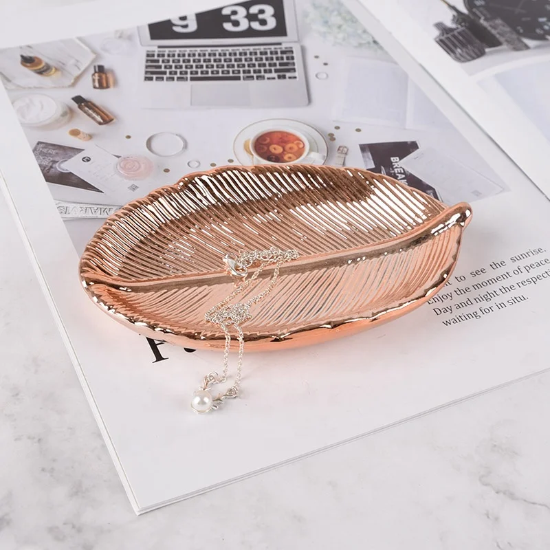 Exquisite White Gold Leaf Ceramic Jewelry Ring Dish Tray - Home Decorative Trinket Organizer with Premium Glaze Finish
