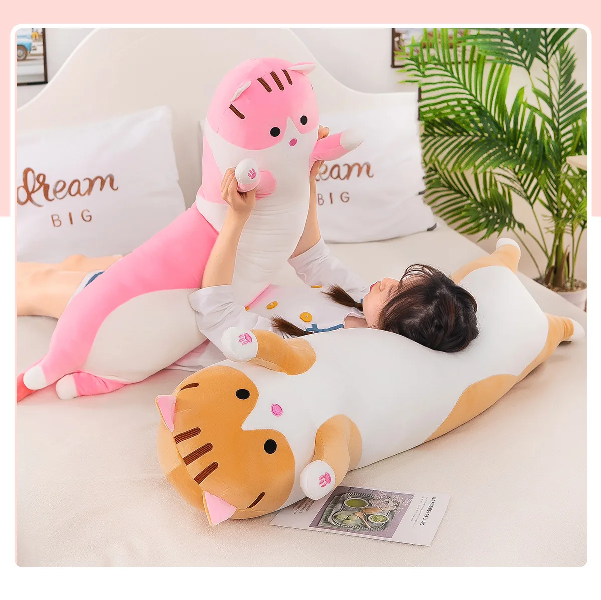 Unisex Soft Cartoon Long Cat Throw Pillow Lovely Plush Cat Doll Sleeping Pillow Toy Made of PP Cotton Gift for Kids Girlfriend
