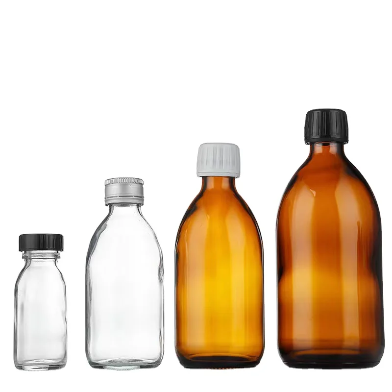 Wholesale 30ml-500ml cosmetic clear amber  round glass bottle for liquid medicine