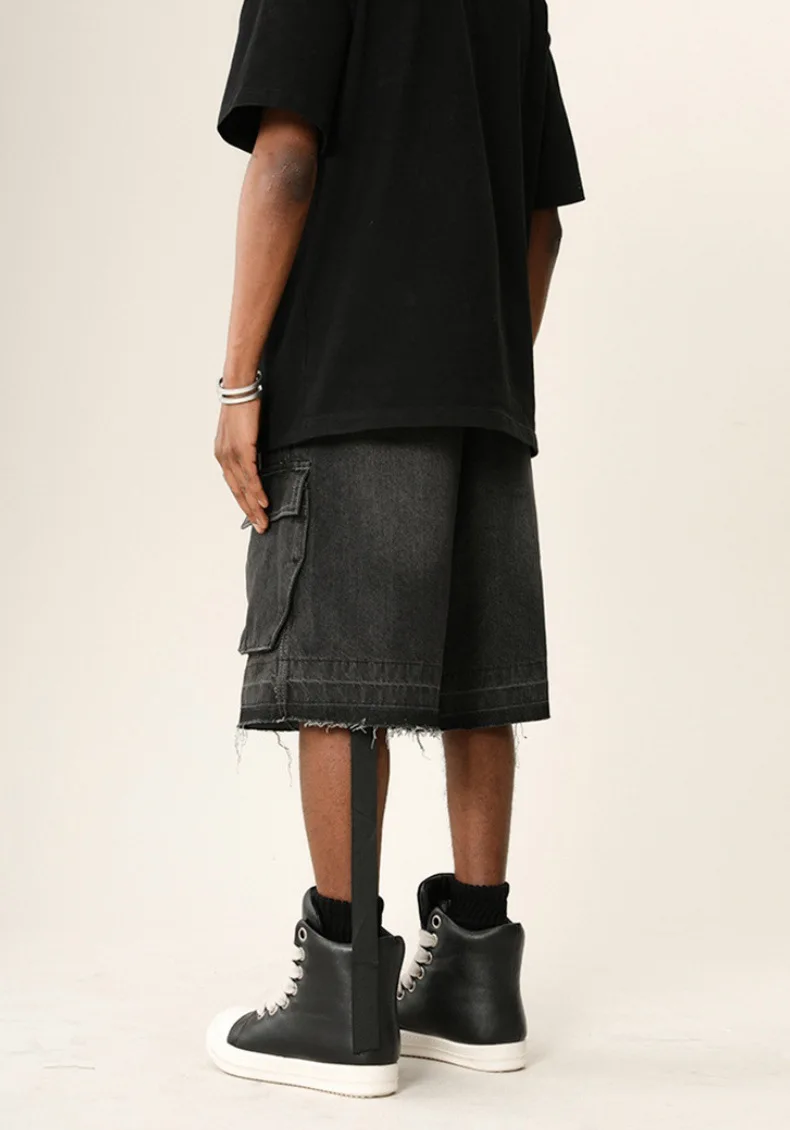 Retro Gradient Washed Worn-out Denim Shorts for Men, High Street, Multi Pocket, Satin Ribbon, Loose Wide Leg Five Quarter Pants