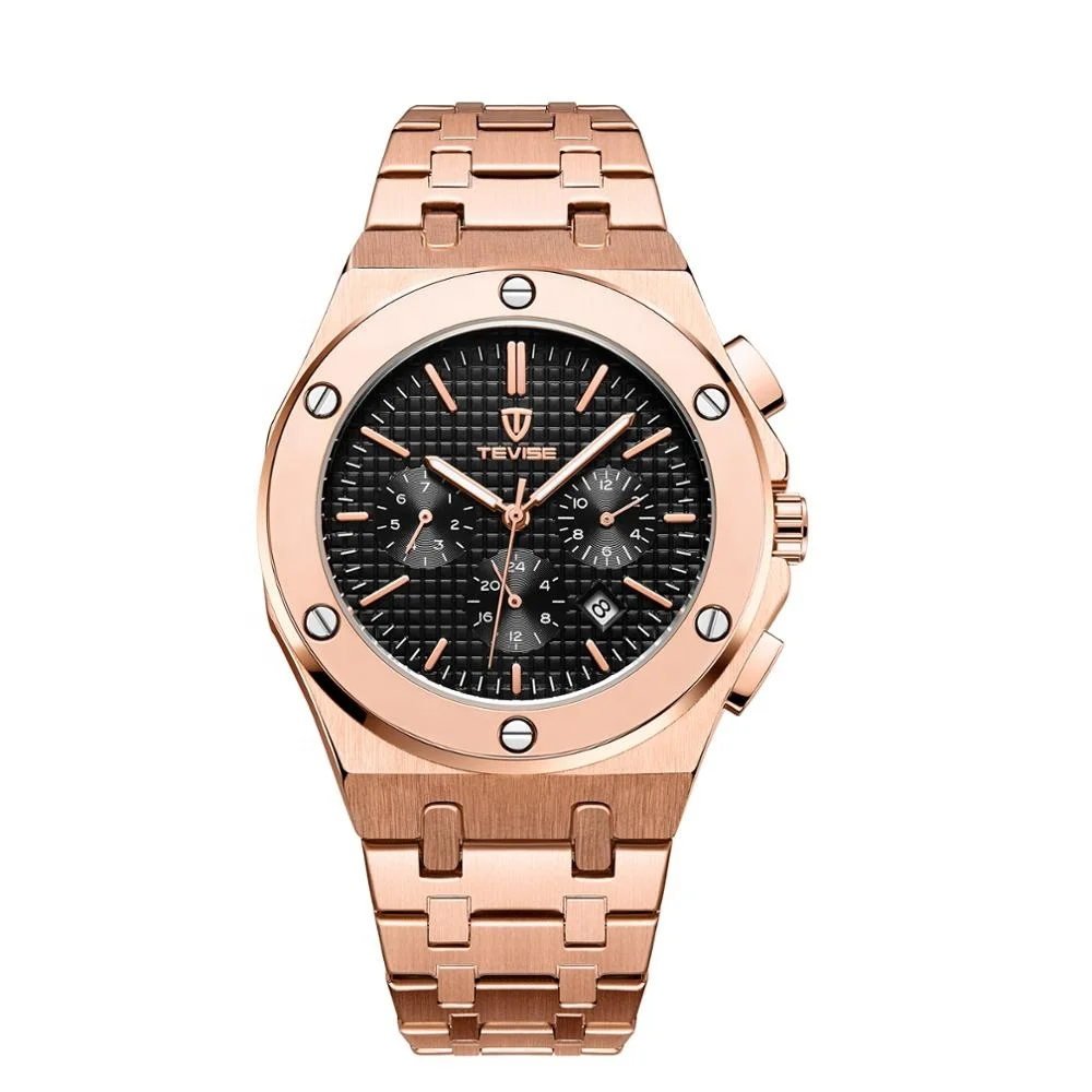 guangzhou watch manufacturer tevise 830 relogio auto luxury brand wristwatches custom logo rose gold men