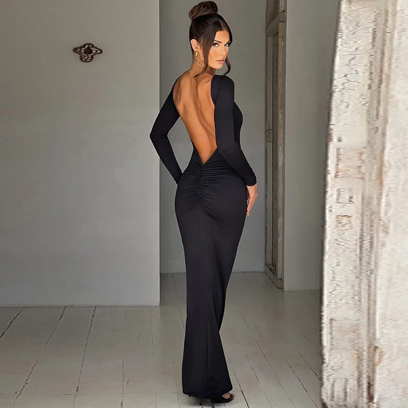 Sexy Backless O Neck Party Dress Women Clothing Night Club Backless Ruched Bodycon Dresses Long Sleeves Vestidos