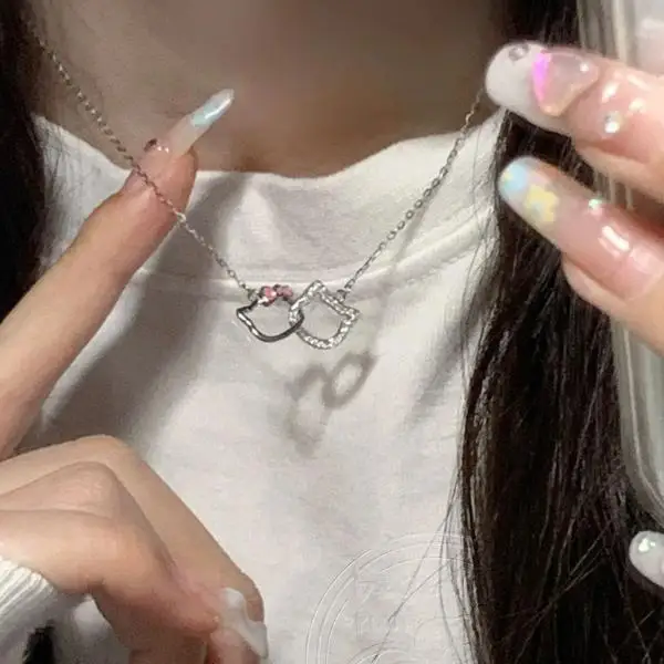 Hello Kitty Necklace Student Cartoon Double Ring KT Cat Necklace Collar Design Instagram