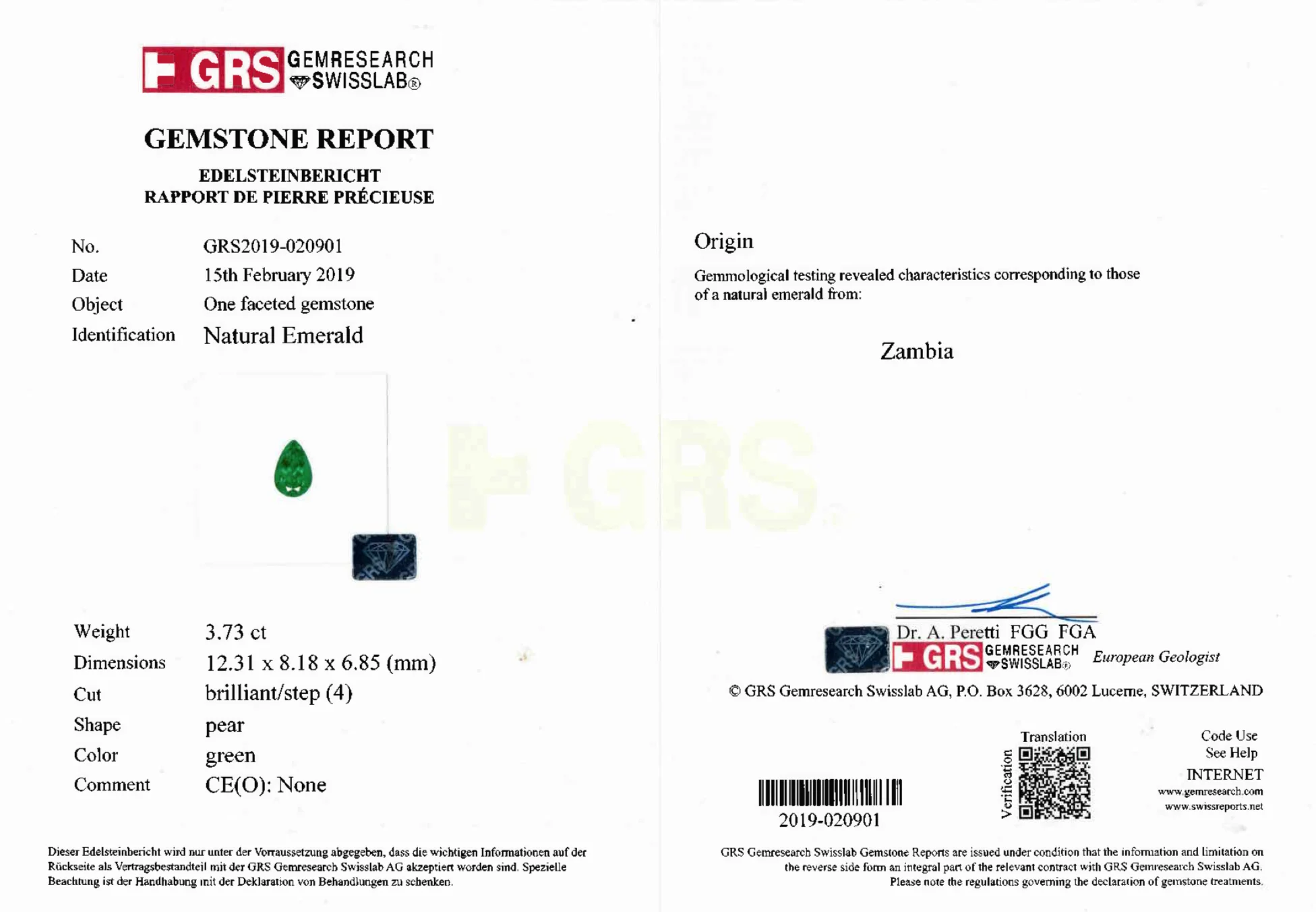 3.73 Carats Pear Cut Zambian Emerald Loose Gemstone Precious Gemstone Price Loose Emerald