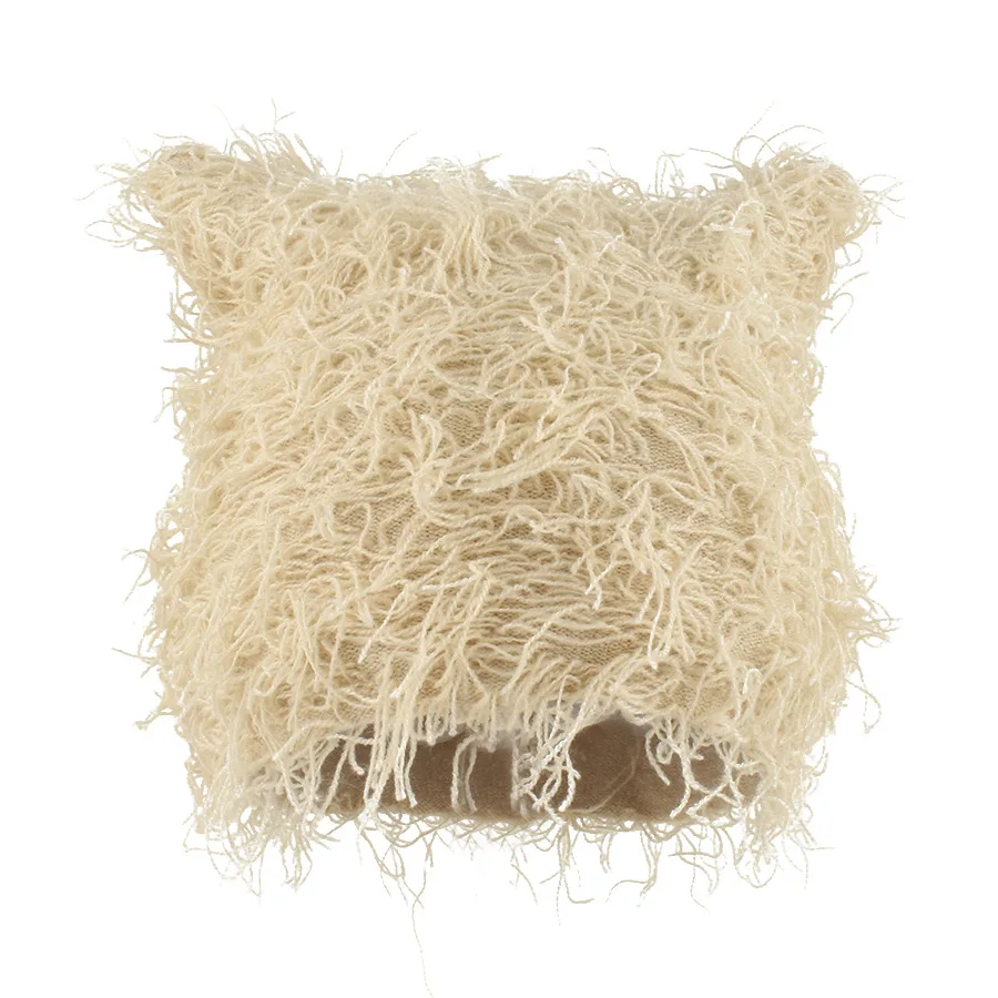 FF3087 Winter Outdoor Knit Beanie Hat with Cat Ear Warm Skull Cap Knitted Slouchy Fuzzy Winter Hats Distressed Y2k Beanies Cap