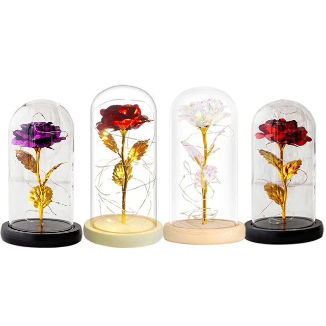 eternal artificial large galaxy beauty snd the beast light up foil golden forever rose preserved pink flowers in glass dome